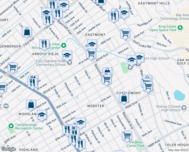 map of restaurants, bars, coffee shops, grocery stores, and more near 2037 84th Avenue in Oakland