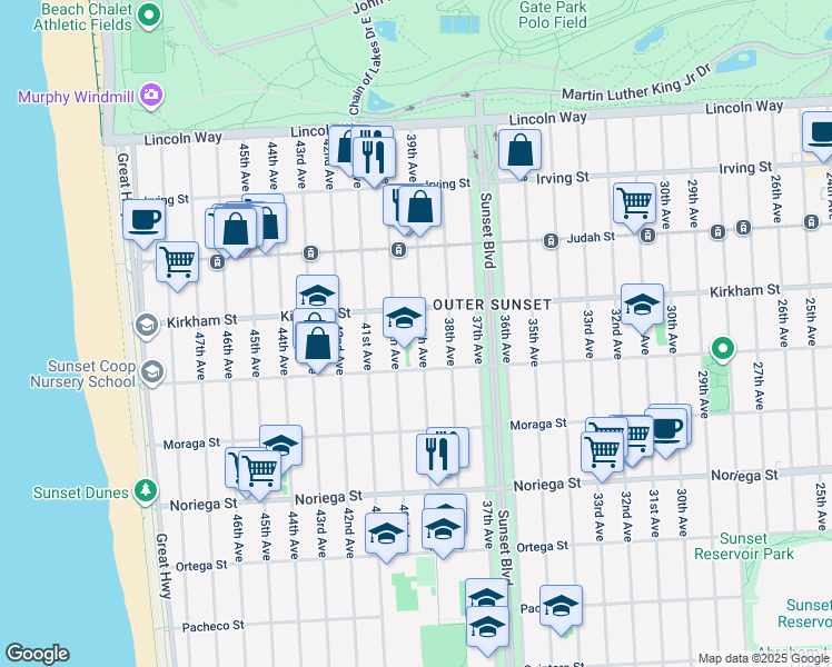 map of restaurants, bars, coffee shops, grocery stores, and more near 1539 39th Avenue in San Francisco