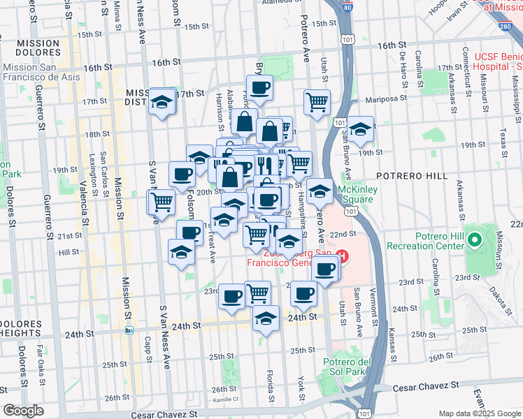 map of restaurants, bars, coffee shops, grocery stores, and more near 875 Florida Street in San Francisco