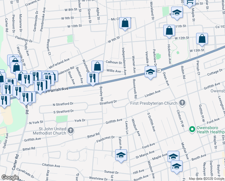 map of restaurants, bars, coffee shops, grocery stores, and more near 1855 Aspenwood Court in Owensboro