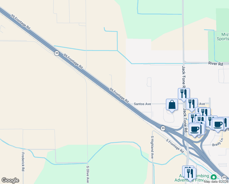 map of restaurants, bars, coffee shops, grocery stores, and more near 22119 99 Frontage Road in Ripon