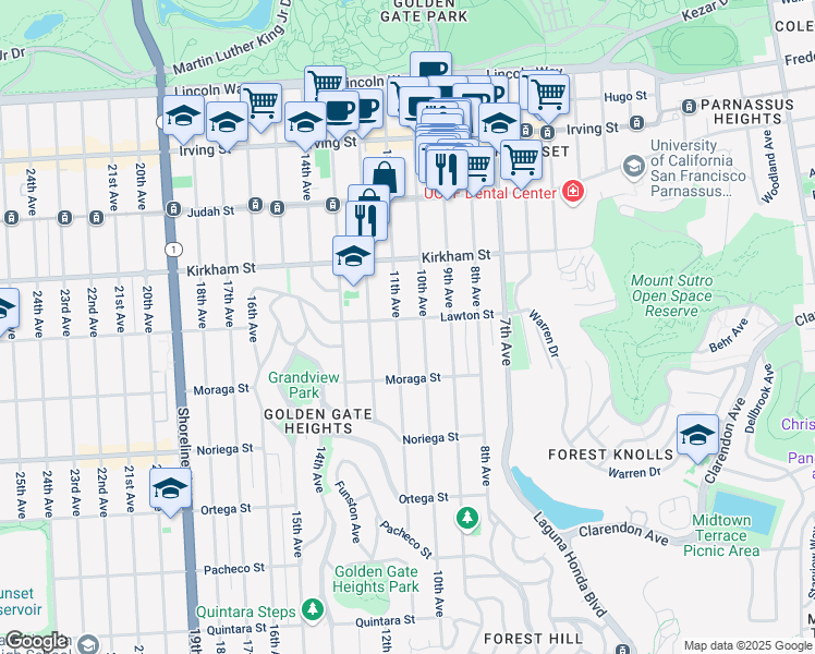 map of restaurants, bars, coffee shops, grocery stores, and more near 419 Lawton Street in San Francisco