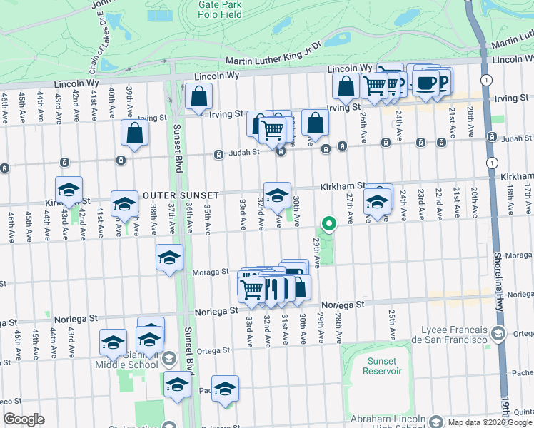 map of restaurants, bars, coffee shops, grocery stores, and more near 1567 31st Avenue in San Francisco