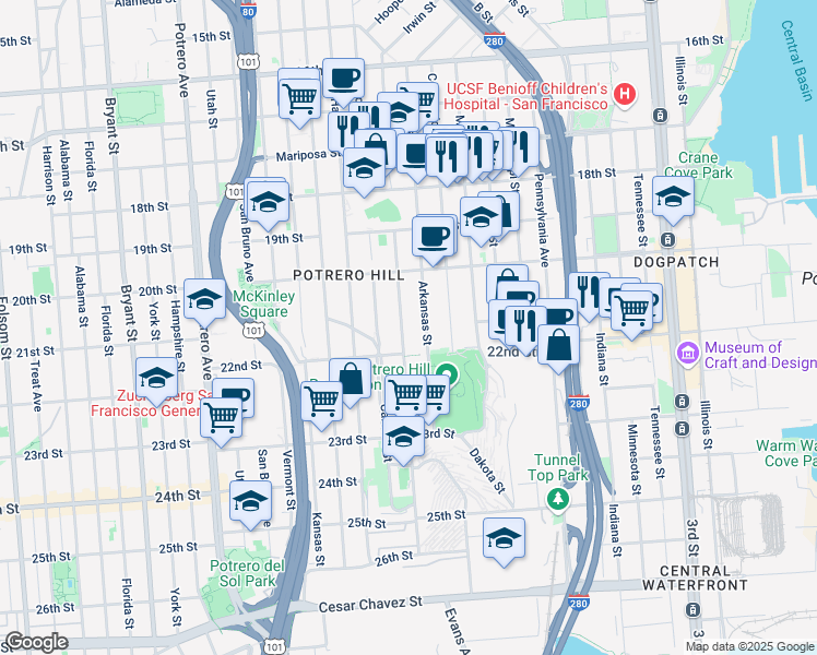 map of restaurants, bars, coffee shops, grocery stores, and more near 735 Wisconsin Street in San Francisco