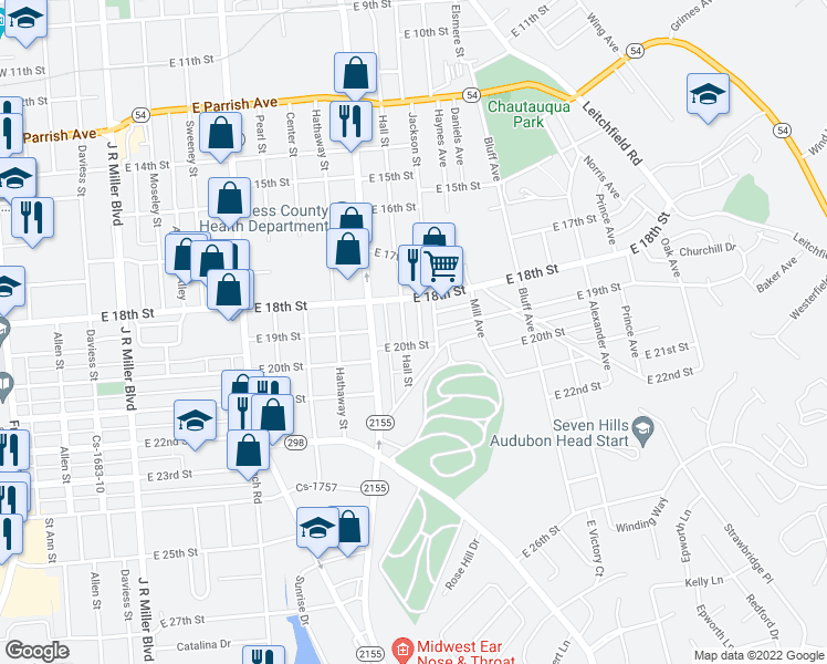 map of restaurants, bars, coffee shops, grocery stores, and more near 1901 Hall Street in Owensboro