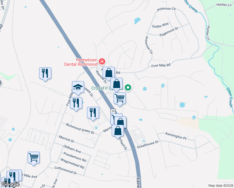 map of restaurants, bars, coffee shops, grocery stores, and more near 5027 Atwood Drive in Richmond