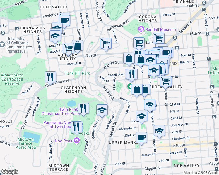 map of restaurants, bars, coffee shops, grocery stores, and more near 3369 Market Street in San Francisco