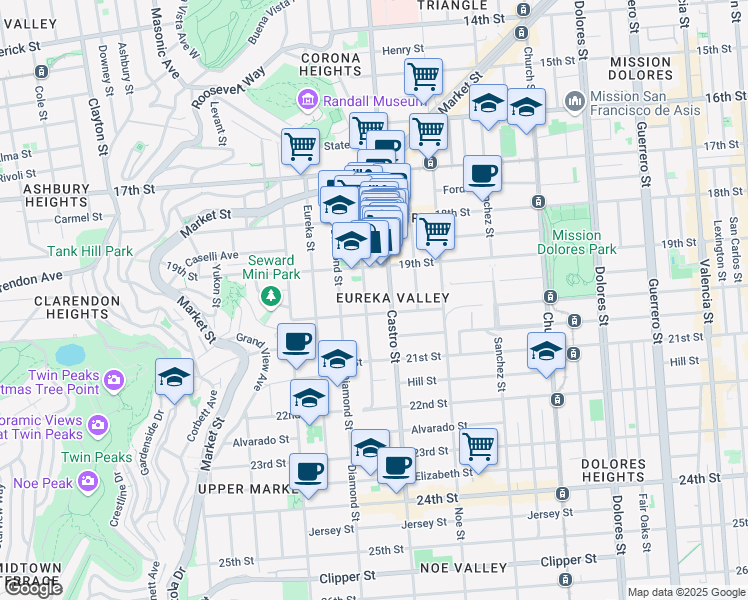map of restaurants, bars, coffee shops, grocery stores, and more near 269 Collingwood Street in San Francisco