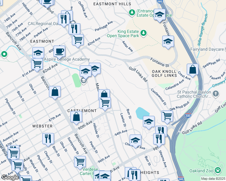 map of restaurants, bars, coffee shops, grocery stores, and more near 8730 Burr Street in Oakland