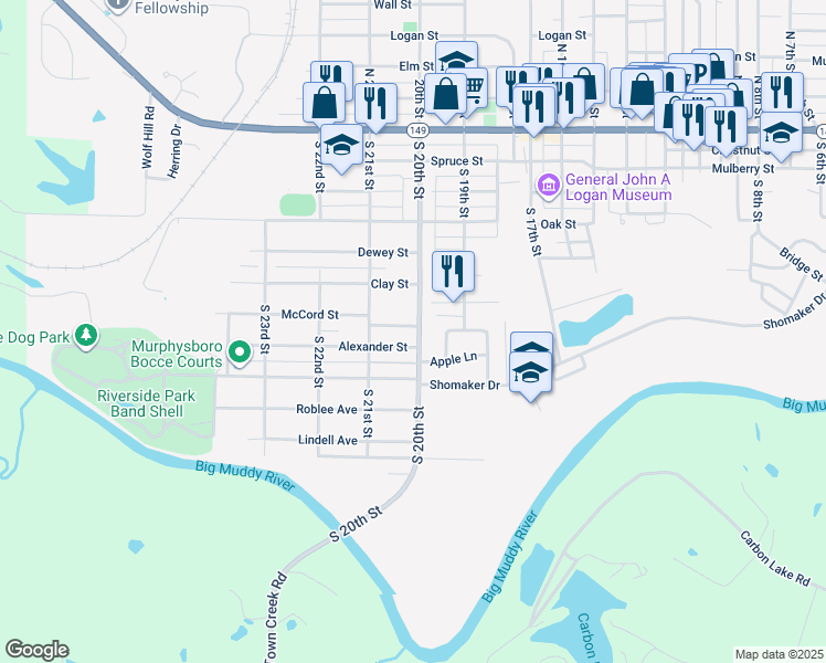 map of restaurants, bars, coffee shops, grocery stores, and more near 718 South 20th Street in Murphysboro