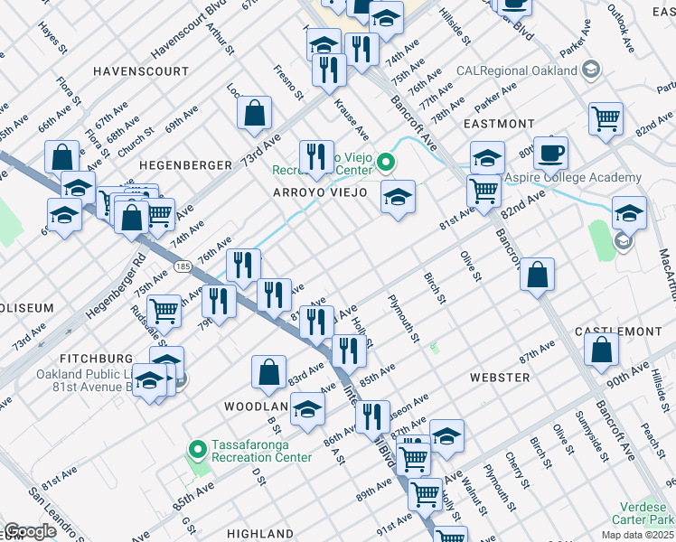 map of restaurants, bars, coffee shops, grocery stores, and more near 1612 80th Avenue in Oakland