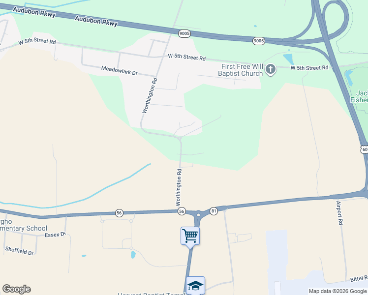 map of restaurants, bars, coffee shops, grocery stores, and more near 1215 Worthington Road in Owensboro