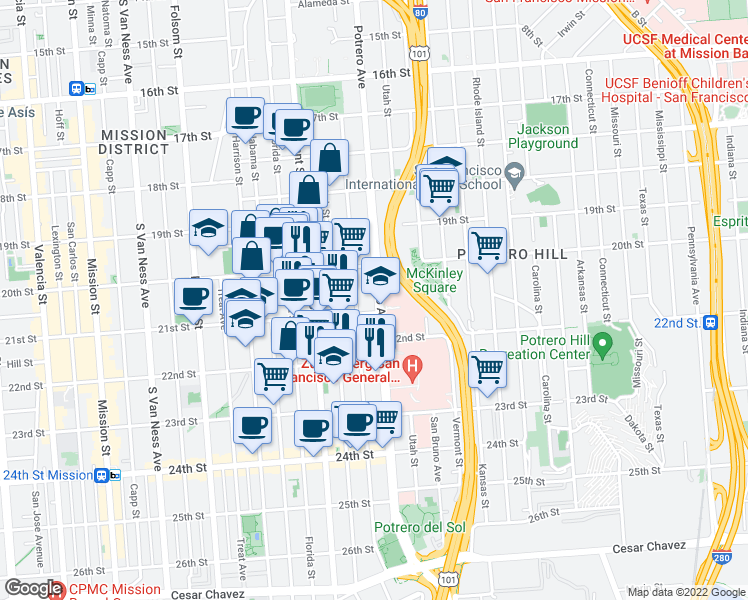 map of restaurants, bars, coffee shops, grocery stores, and more near 876 Potrero Avenue in San Francisco