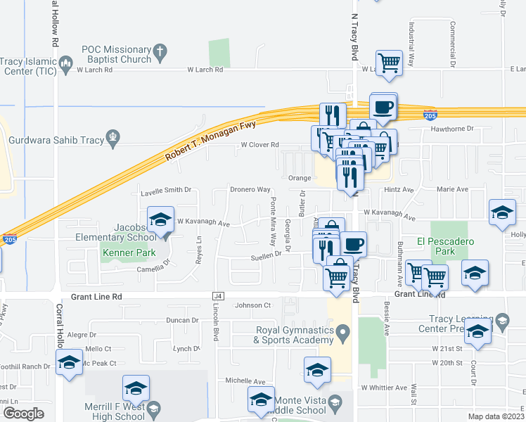 map of restaurants, bars, coffee shops, grocery stores, and more near 2900 Ponte Mira Way in Tracy