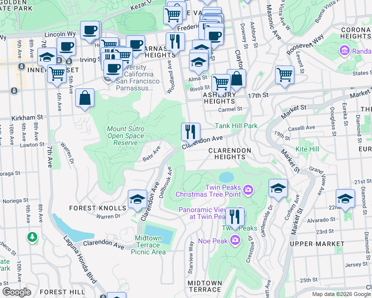 map of restaurants, bars, coffee shops, grocery stores, and more near 136 Mountain Spring Avenue in San Francisco