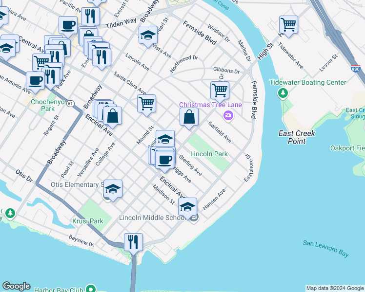map of restaurants, bars, coffee shops, grocery stores, and more near 3200 Central Avenue in Alameda