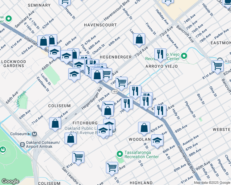 map of restaurants, bars, coffee shops, grocery stores, and more near 7515 International Boulevard in Oakland
