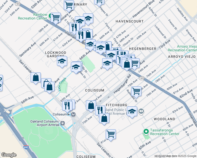 map of restaurants, bars, coffee shops, grocery stores, and more near 1090 70th Avenue in Oakland