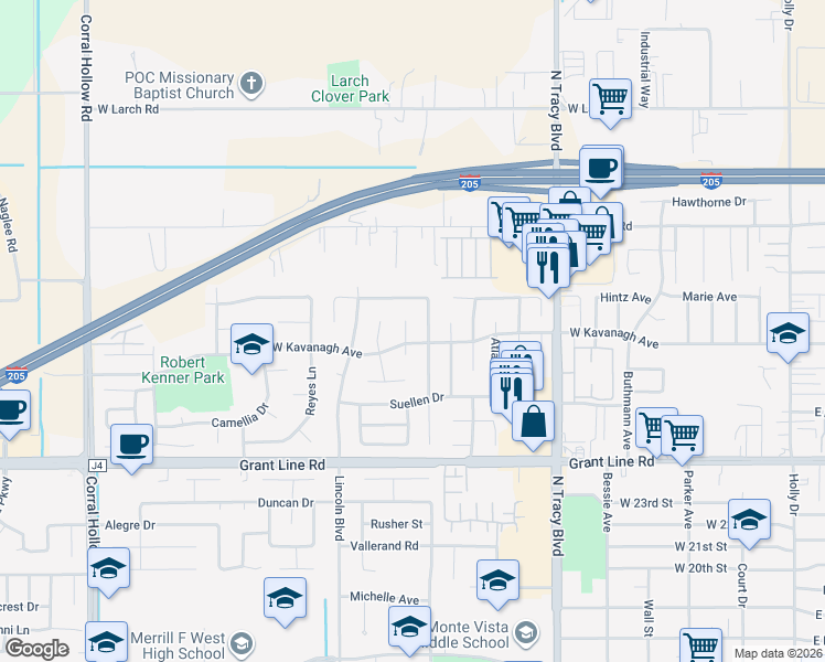 map of restaurants, bars, coffee shops, grocery stores, and more near 2900 Ponte Mira Way in Tracy