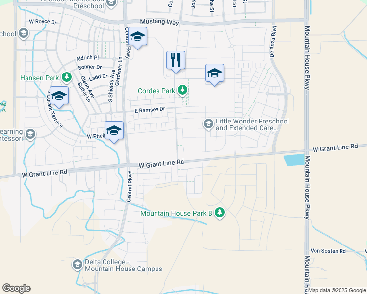 map of restaurants, bars, coffee shops, grocery stores, and more near 1556 Oliveira Drive in Tracy