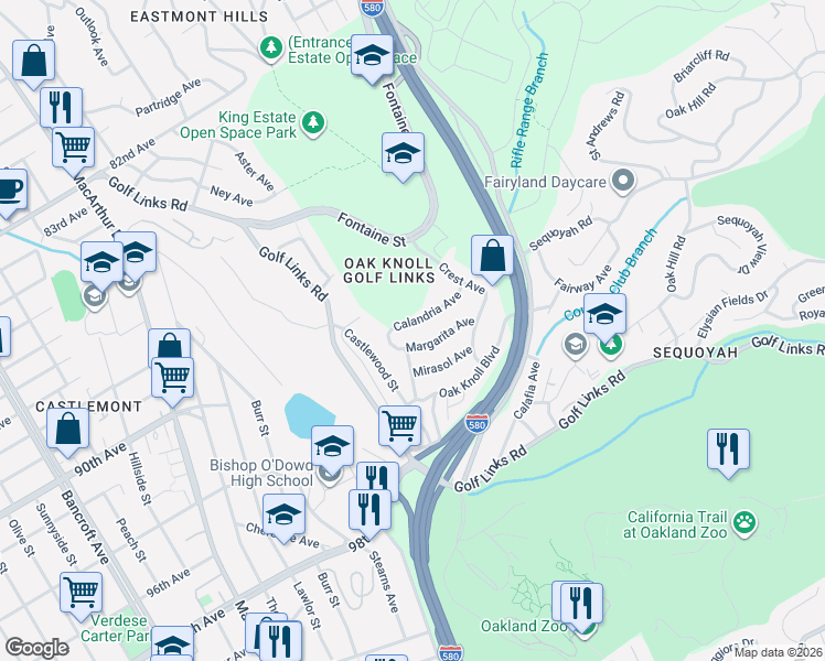 map of restaurants, bars, coffee shops, grocery stores, and more near 3456 Calandria Avenue in Oakland