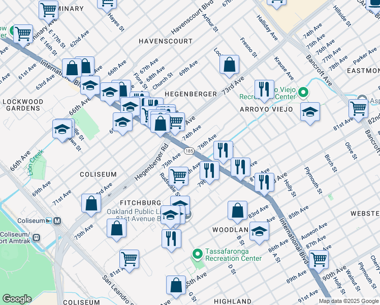 map of restaurants, bars, coffee shops, grocery stores, and more near 7515 International Boulevard in Oakland