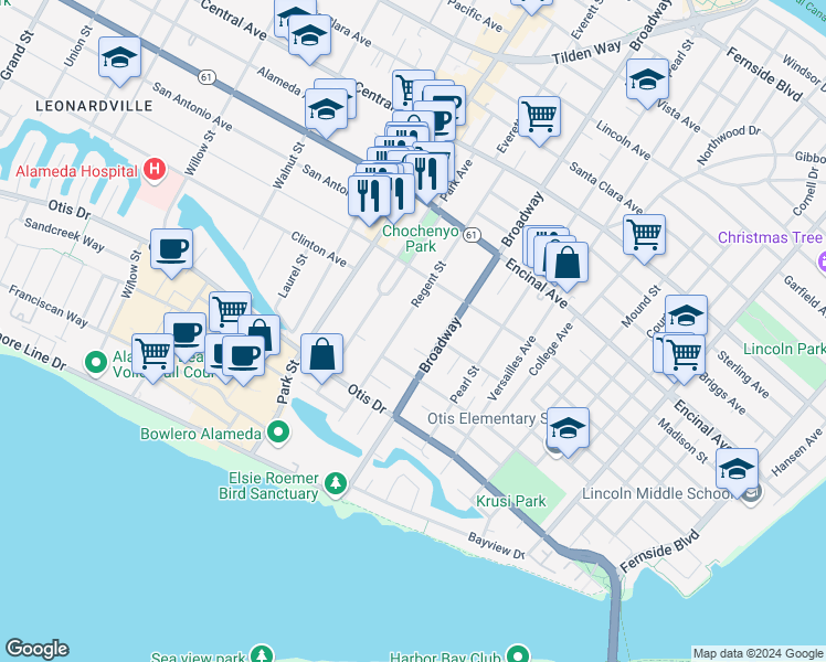 map of restaurants, bars, coffee shops, grocery stores, and more near 1130 Regent Street in Alameda