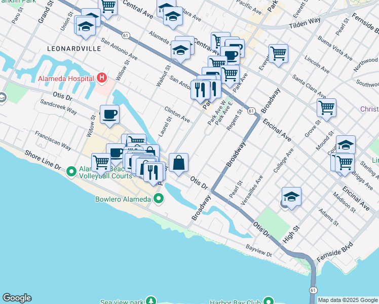 map of restaurants, bars, coffee shops, grocery stores, and more near 1093 Park Avenue in Alameda