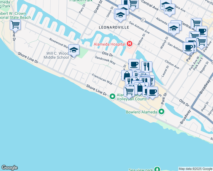 map of restaurants, bars, coffee shops, grocery stores, and more near 2028 Franciscan Way in Alameda