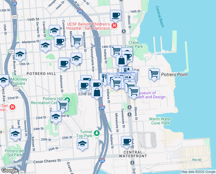 map of restaurants, bars, coffee shops, grocery stores, and more near 975 Indiana Street in San Francisco