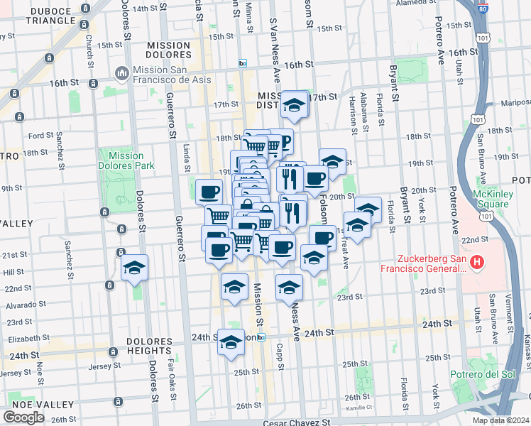 map of restaurants, bars, coffee shops, grocery stores, and more near 2471 Mission Street in San Francisco