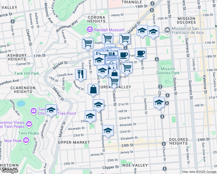 map of restaurants, bars, coffee shops, grocery stores, and more near 274 Collingwood Street in San Francisco