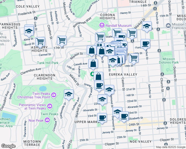map of restaurants, bars, coffee shops, grocery stores, and more near 160 Corwin Street in San Francisco