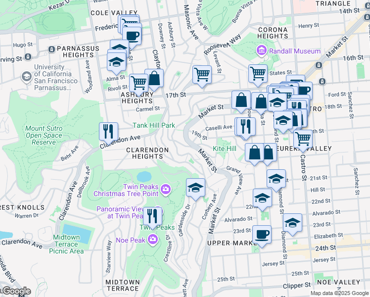 map of restaurants, bars, coffee shops, grocery stores, and more near 477 Corbett Avenue in San Francisco