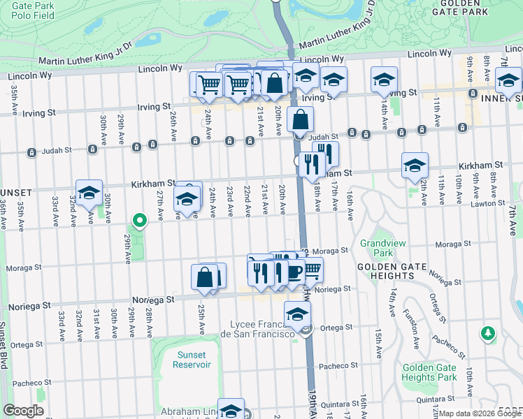 map of restaurants, bars, coffee shops, grocery stores, and more near 1530 Lawton Street in San Francisco