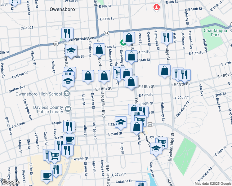 map of restaurants, bars, coffee shops, grocery stores, and more near 43 Colonial Court in Owensboro