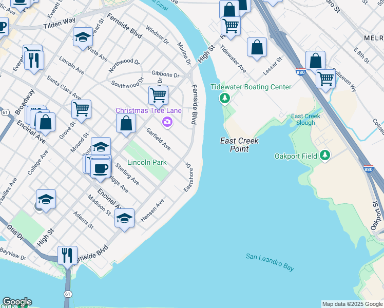 map of restaurants, bars, coffee shops, grocery stores, and more near 1618 Fernside Boulevard in Alameda