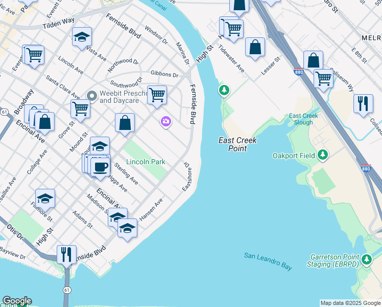 map of restaurants, bars, coffee shops, grocery stores, and more near 1618 Fernside Boulevard in Alameda