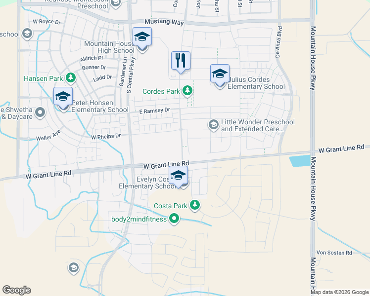 map of restaurants, bars, coffee shops, grocery stores, and more near 1539 Oliveira Drive in Tracy