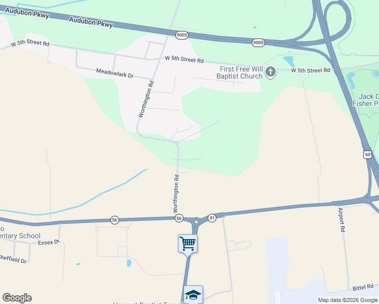 map of restaurants, bars, coffee shops, grocery stores, and more near 1215 Worthington Road in Owensboro