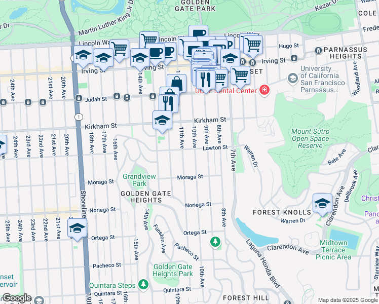 map of restaurants, bars, coffee shops, grocery stores, and more near 419 Lawton Street in San Francisco