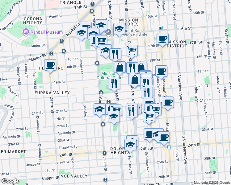 map of restaurants, bars, coffee shops, grocery stores, and more near Dolores St & 20th St in San Francisco