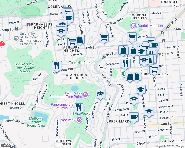 map of restaurants, bars, coffee shops, grocery stores, and more near 429 Corbett Avenue in San Francisco