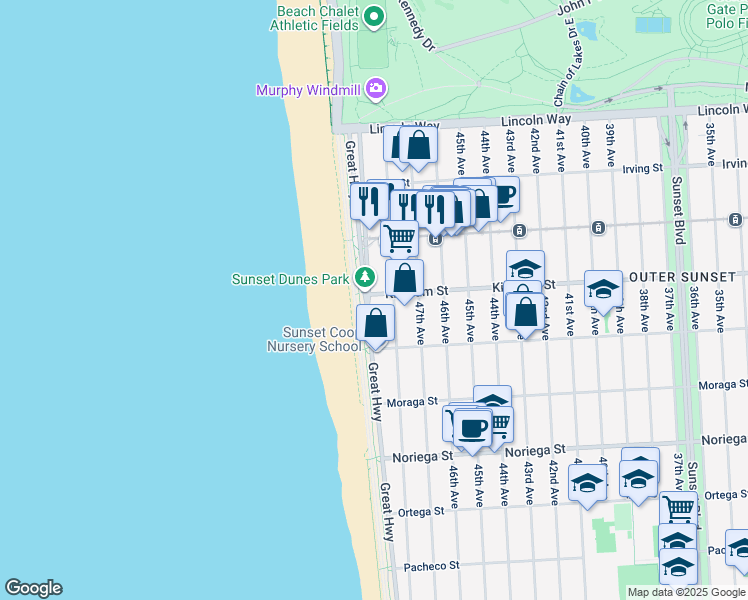 map of restaurants, bars, coffee shops, grocery stores, and more near 1520 Great Highway in San Francisco
