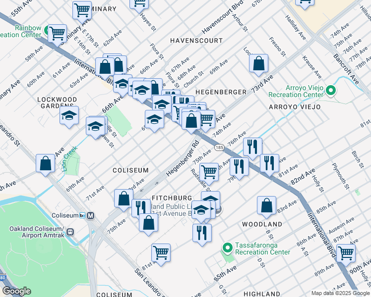 map of restaurants, bars, coffee shops, grocery stores, and more near 1206 73rd Avenue in Oakland