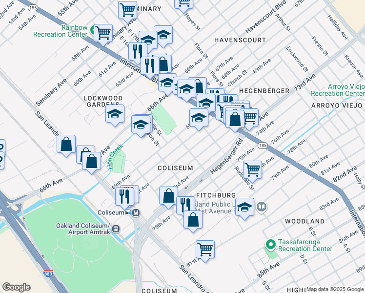 map of restaurants, bars, coffee shops, grocery stores, and more near 1090 70th Avenue in Oakland
