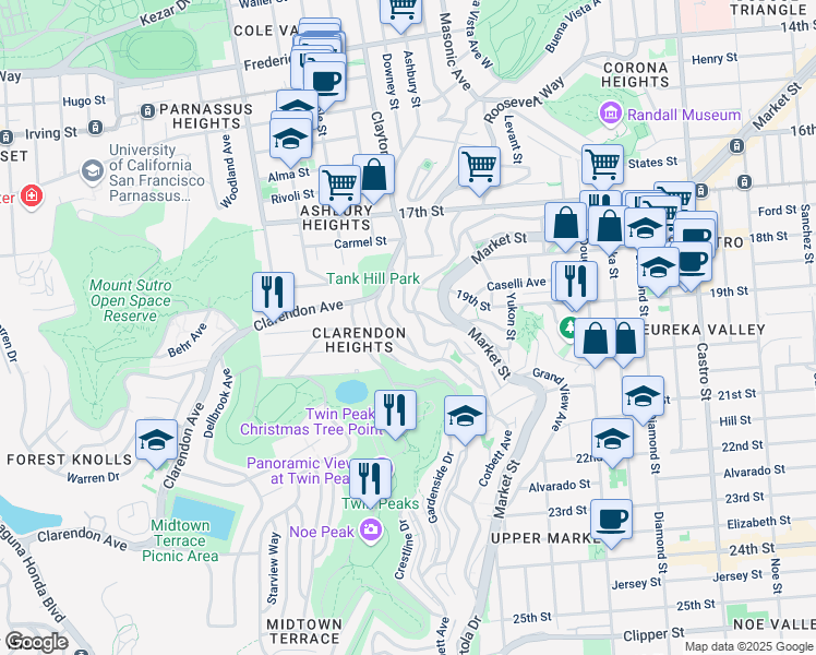 map of restaurants, bars, coffee shops, grocery stores, and more near 123 Graystone Terrace in San Francisco