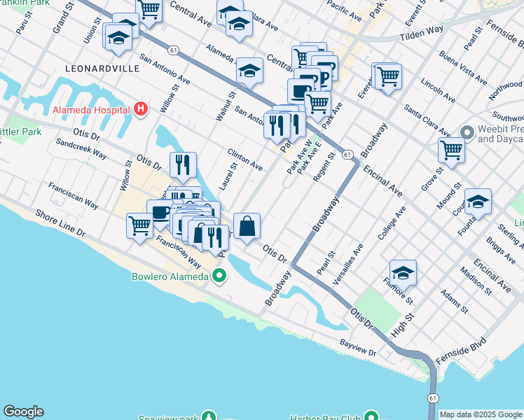 map of restaurants, bars, coffee shops, grocery stores, and more near 1105 Park Avenue in Alameda