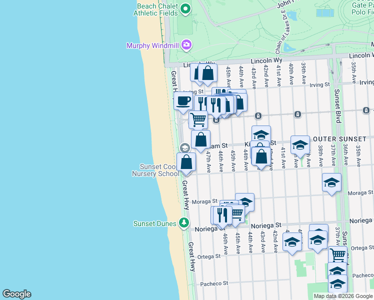map of restaurants, bars, coffee shops, grocery stores, and more near 1523 48th Avenue in San Francisco