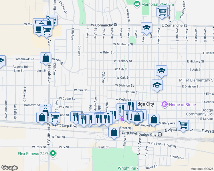 map of restaurants, bars, coffee shops, grocery stores, and more near 801 West Division Street in Dodge City